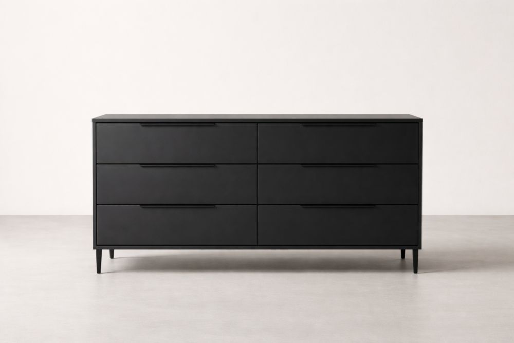 Black Six-Drawer Dresser with MDF and Metal Construction 152.4cm