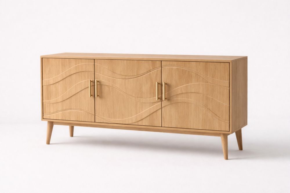 Oak Veneer Sideboard Cabinet with Carved Design 120cm