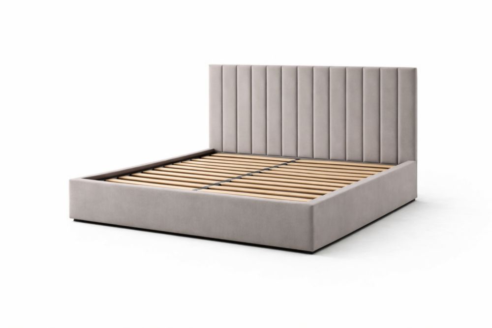 Upholstered Platform Bed Frame with Vertical Channel Headboard in Light Gray Polyester