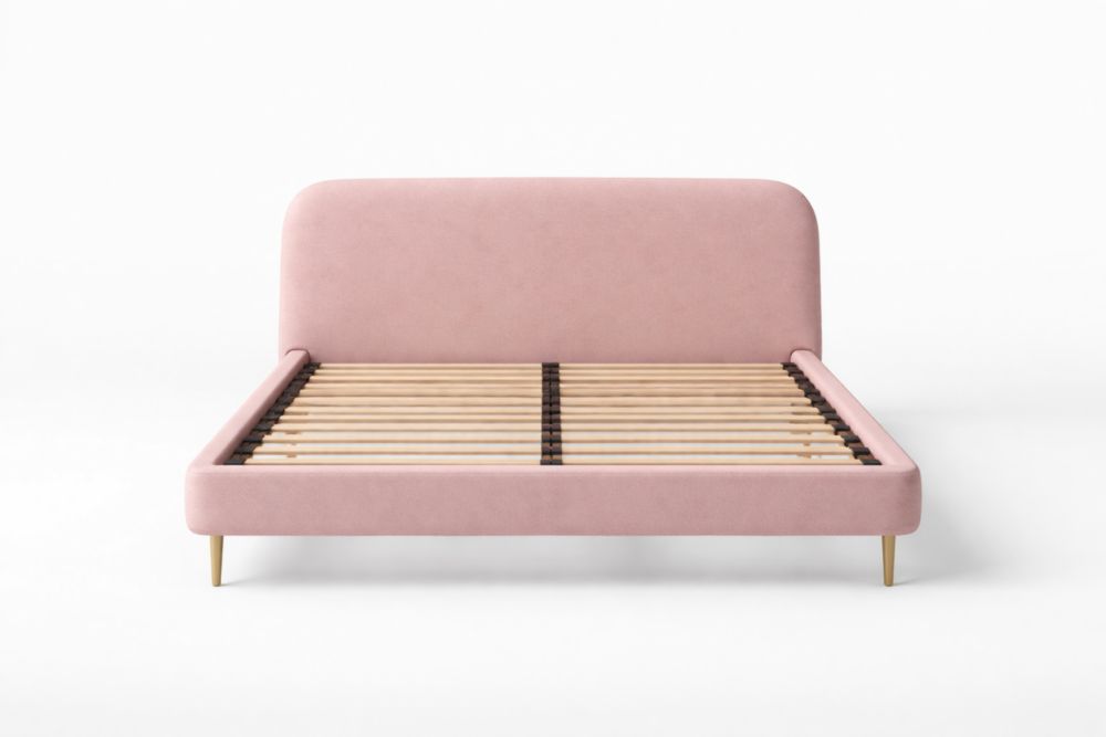 Pink Upholstered Platform Bed Frame with Wood Slats and Rounded Headboard