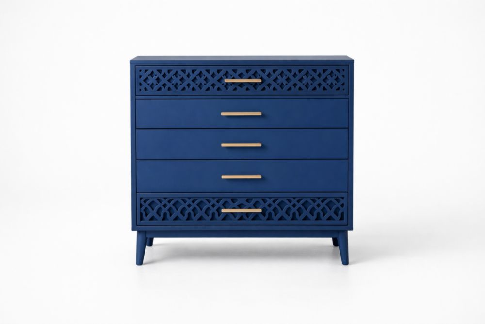 Blue Wood Dresser with Brass Handles and Decorative Panels 5 Drawers