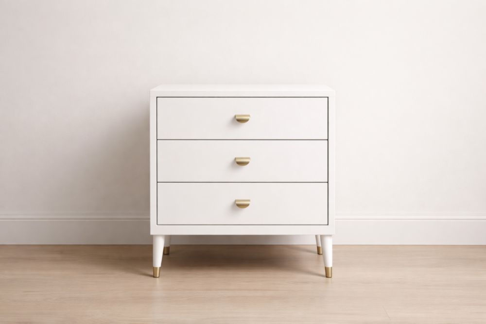 White Wooden Three-Drawer Nightstand with Gold Handles