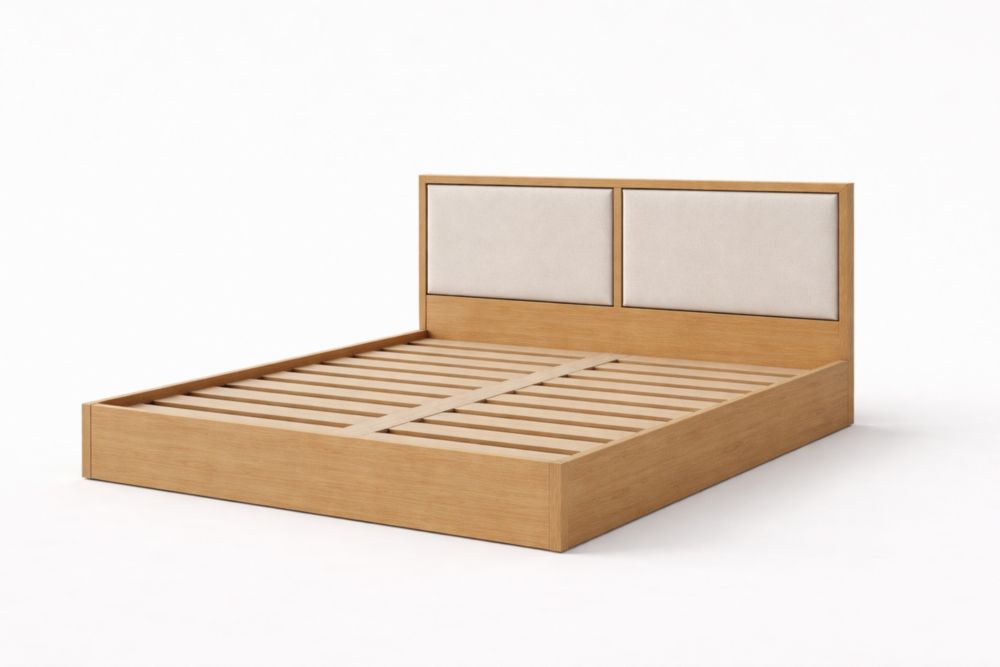 Wooden Bed Frame with Upholstered Headboard
