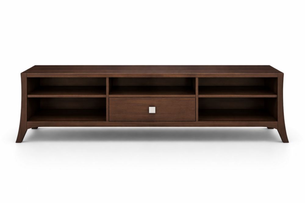 Wood TV Stand with Shelves and Drawer in Dark Brown Finish