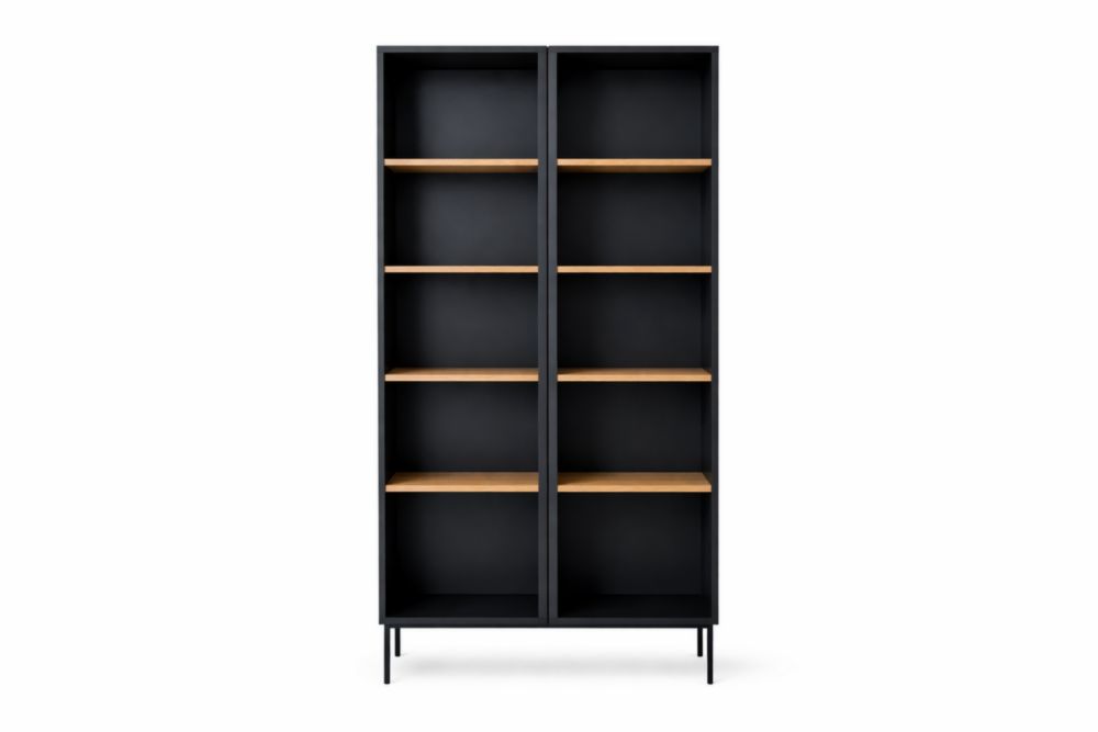 Black Steel Shelf Unit with Oak Shelves and 5 Tiers