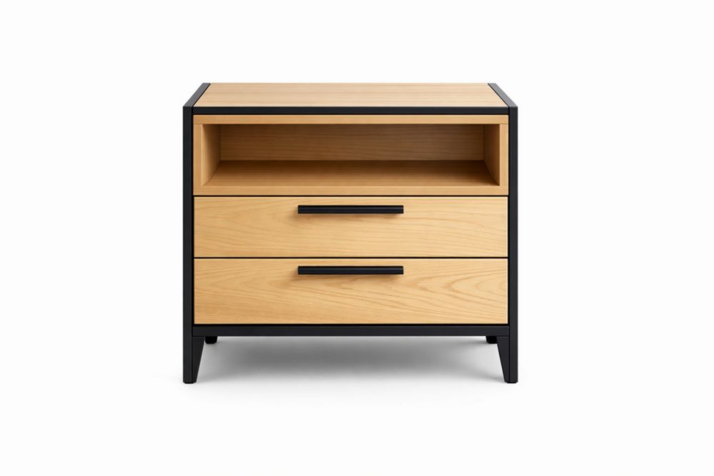 Wooden Two-Drawer Nightstand with Black Metal Frame 55cm x 45cm x 40cm