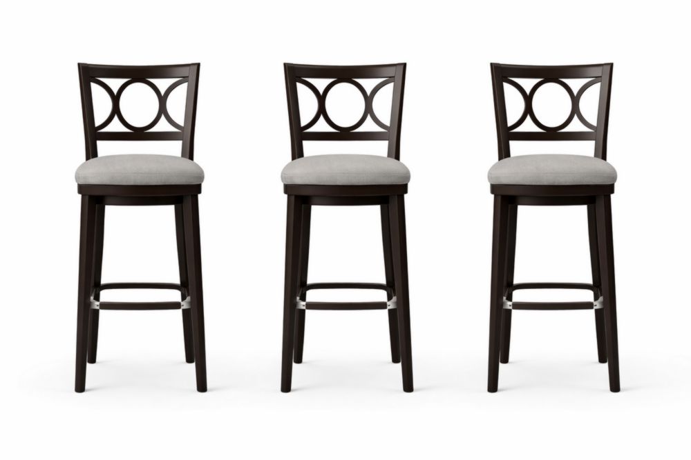 Set of 3 Dark Brown Wood Bar Stools with Grey Polyester Cushions