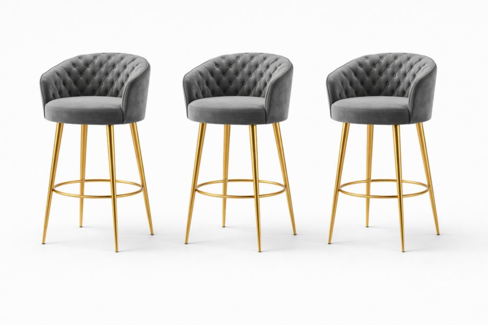 Set of 3 Gray Velvet Bar Stools with Gold Metal Legs