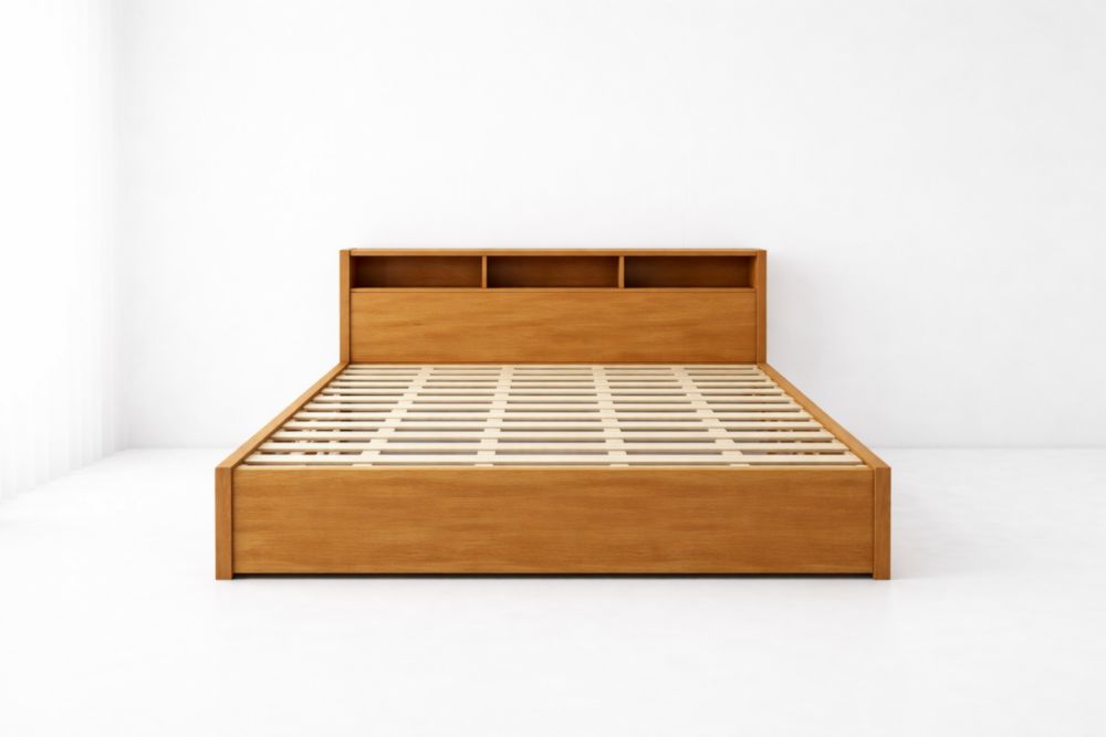 Wood Platform Bed Frame with Storage Headboard Brown