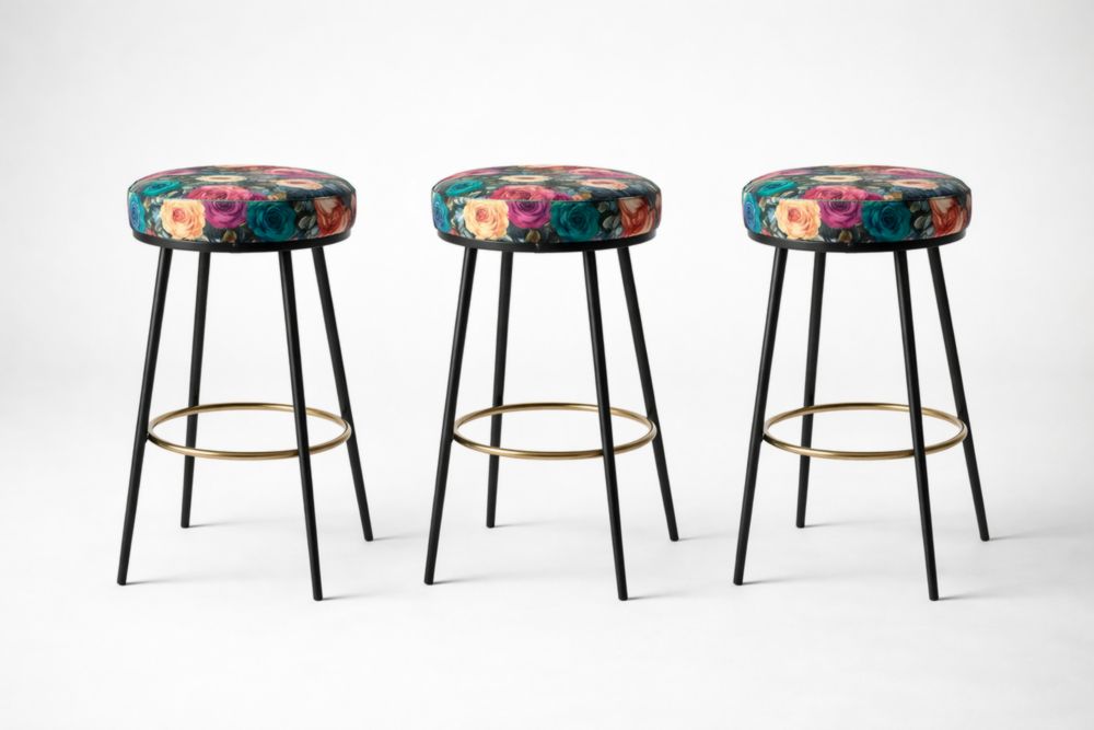 Floral Pattern Fabric Cushion Bar Stools Set with Metal Frame