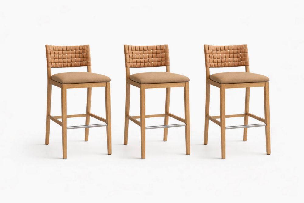 Set of 3 Light Brown Wood Bar Stools with Woven Faux Leather Back