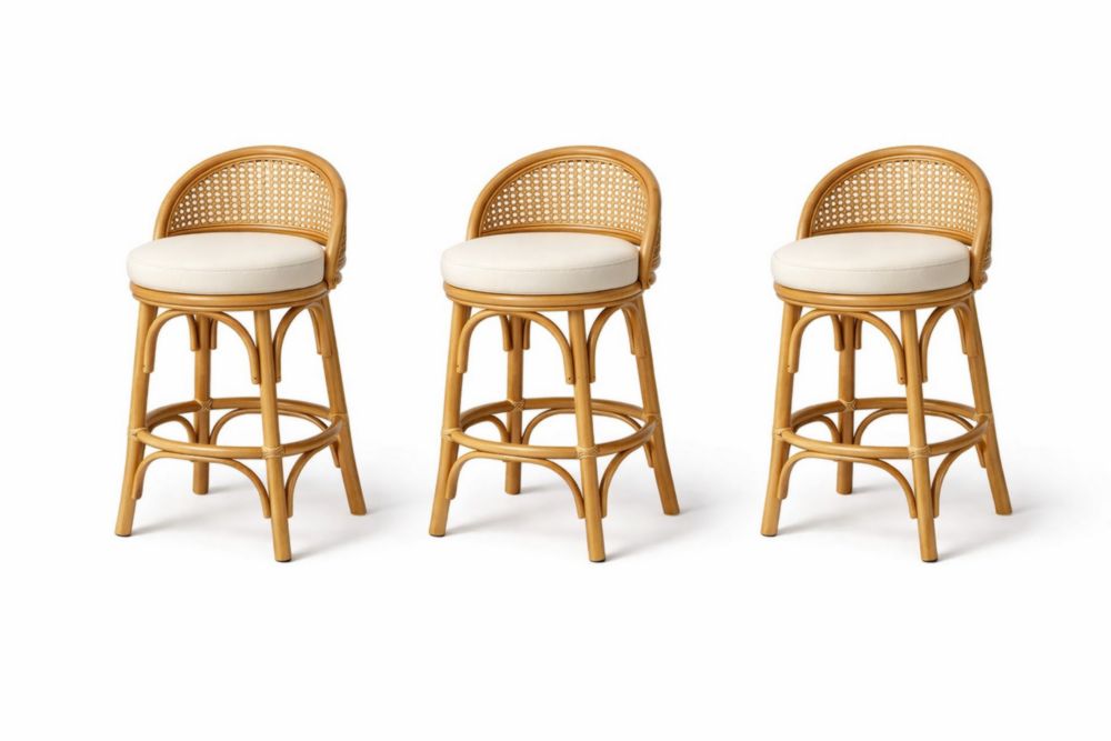 Rattan Bar Stools Set with Beige Cushions