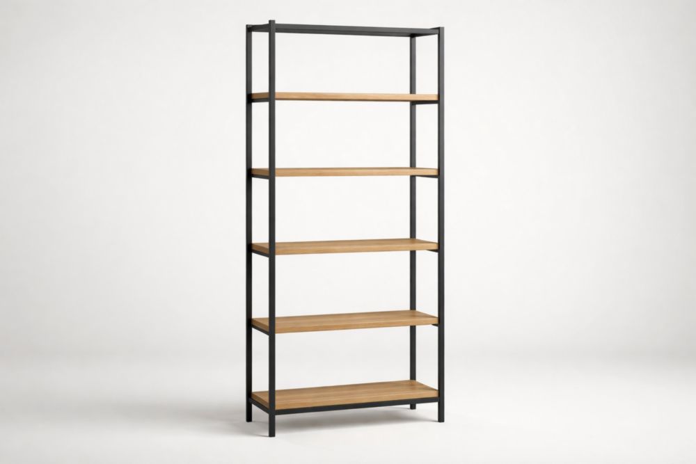 Black Metal Frame Wood Shelving Unit 5-Tier