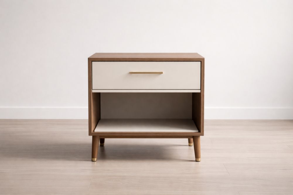 Wooden Nightstand with Cream Drawer and Open Shelf