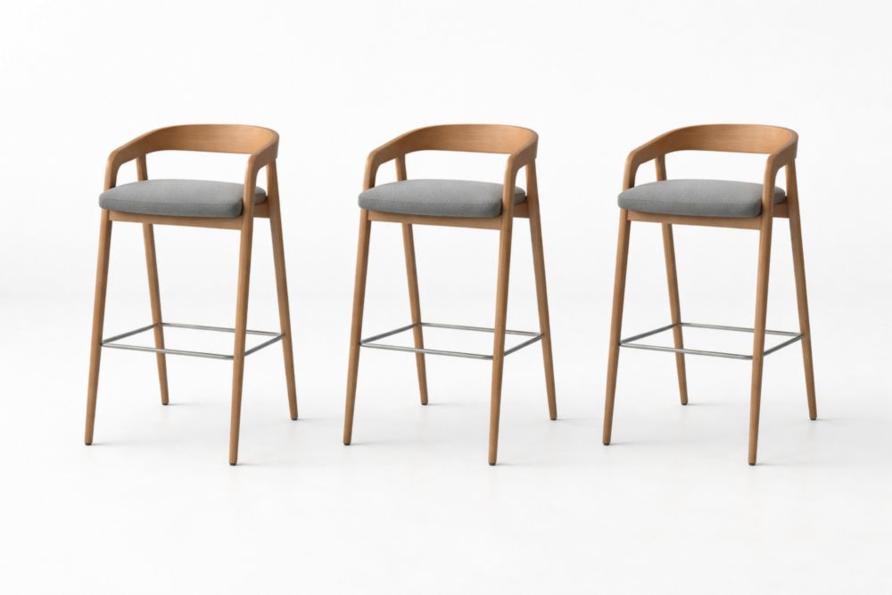 Wood Bar Stool Set with Gray Upholstered Seat and Backrest