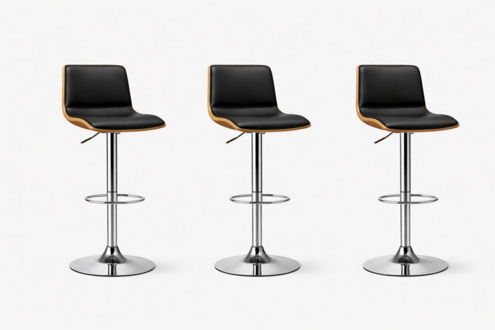 Set of 3 Black PU Leather Bar Stools with Chrome Metal Base