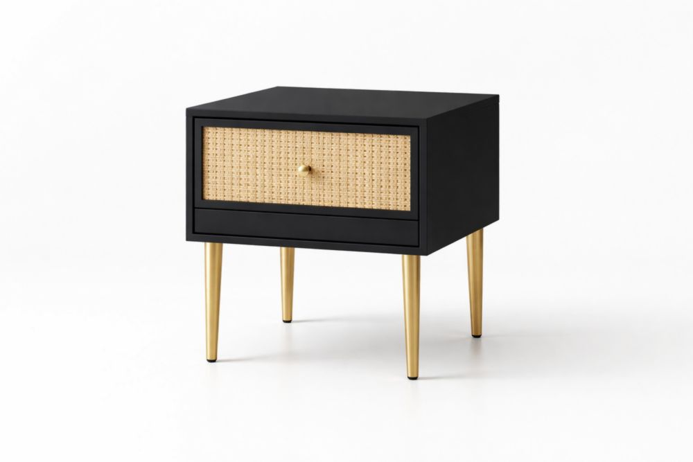 Black Wood Nightstand with Rattan Drawer and Gold Metal Legs 45x35x50 cm