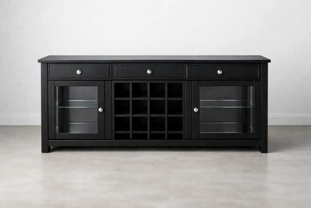 Black Wood Sideboard with Tempered Glass Doors and Drawers