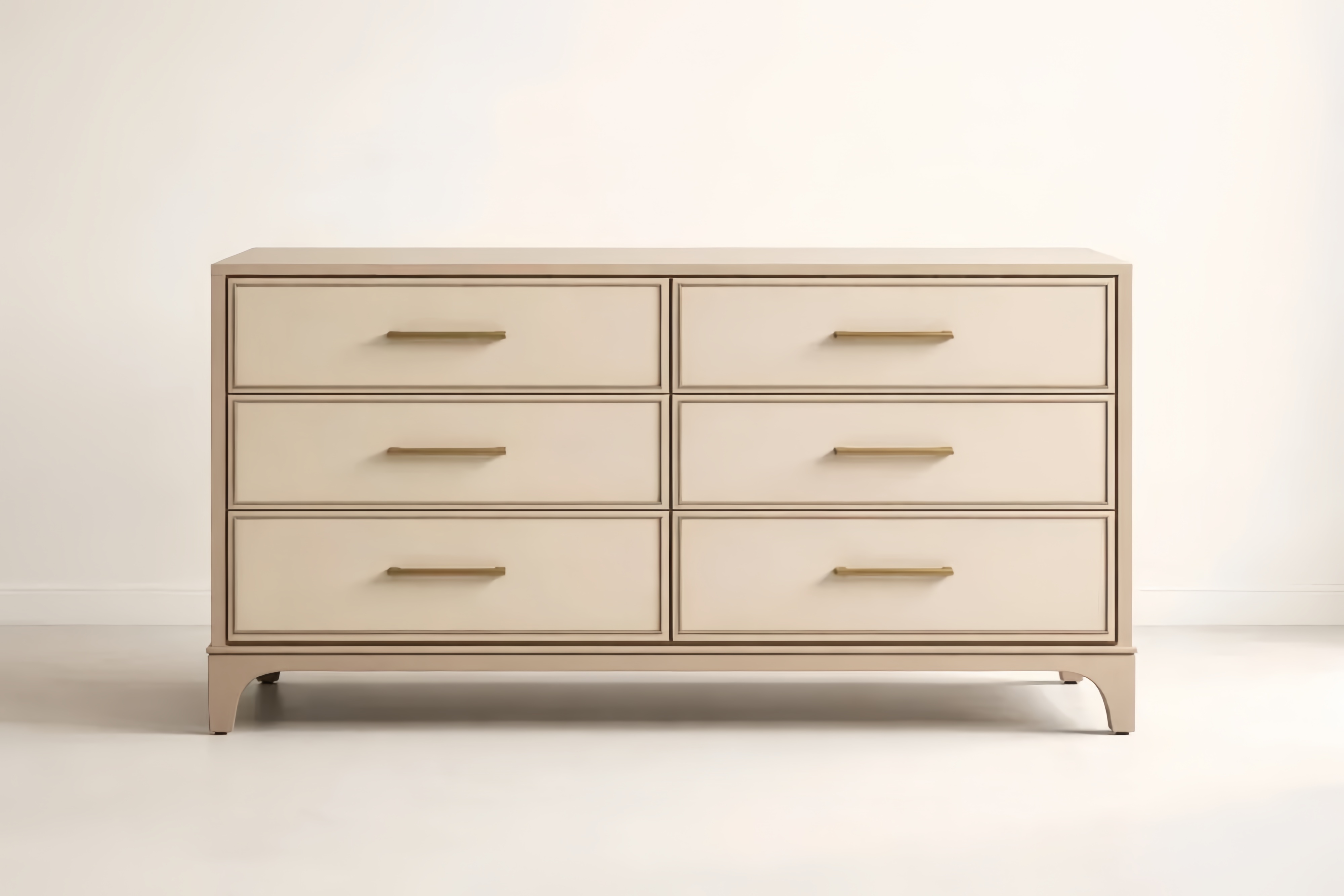 Beige Wood Dresser with 6 Drawers and Metal Handles