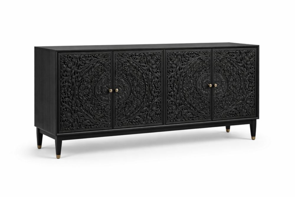 Black Wood Floral Carved Sideboard with Brass Accents 180cm