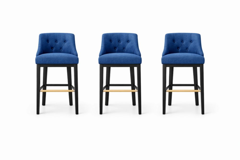 Set of 3 Blue Fabric Upholstered Bar Stools with Wood Frame