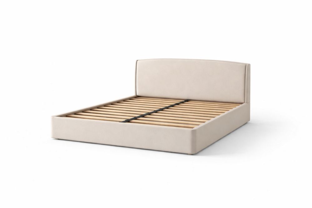 Beige Faux Leather and Slatted Fabric Bed