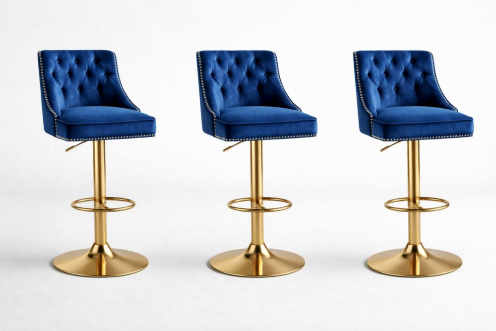 Set of 3 Blue Velvet Bar Stools with Gold Metal Base