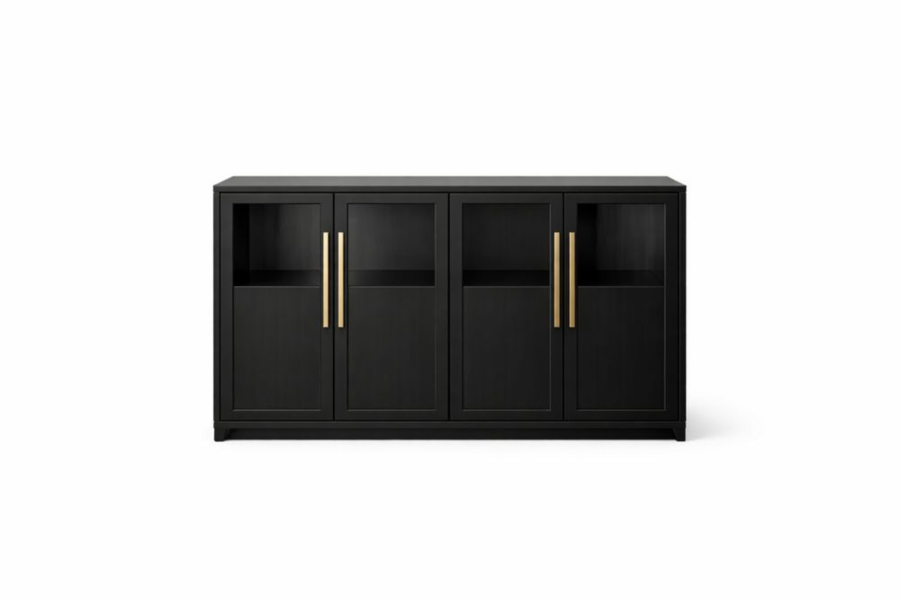 Black Wood Sideboard with Brass Handles and Glass Doors