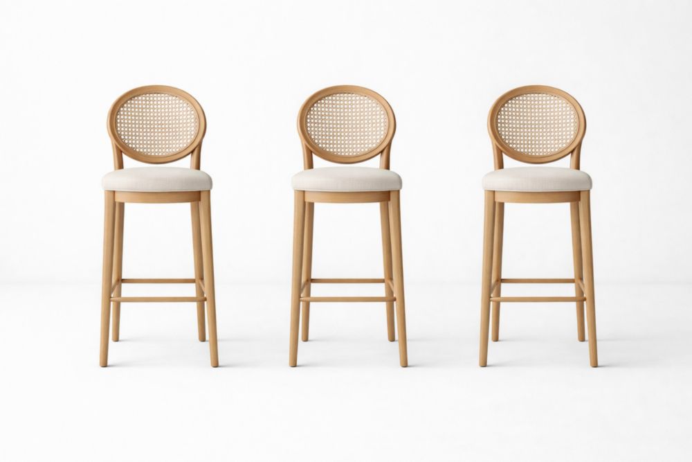 Set of Three Natural Wood Bar Stools with Woven Rattan Backrest and Cream Upholstered Seat
