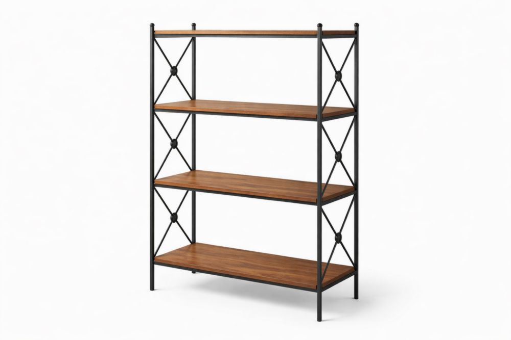 4-Tier Black Metal Bookshelf with MDF Wooden Shelves