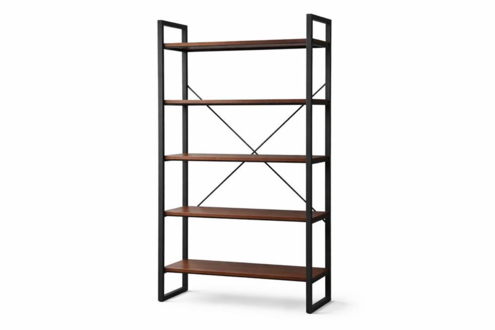 Wood and Metal Bookshelf with 5 Tiers, Black Frame