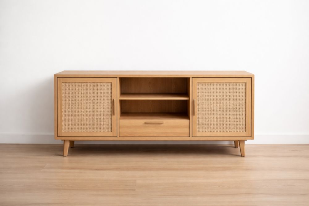 Oak TV Stand with Rattan Doors and Drawer Storage 60cm Height