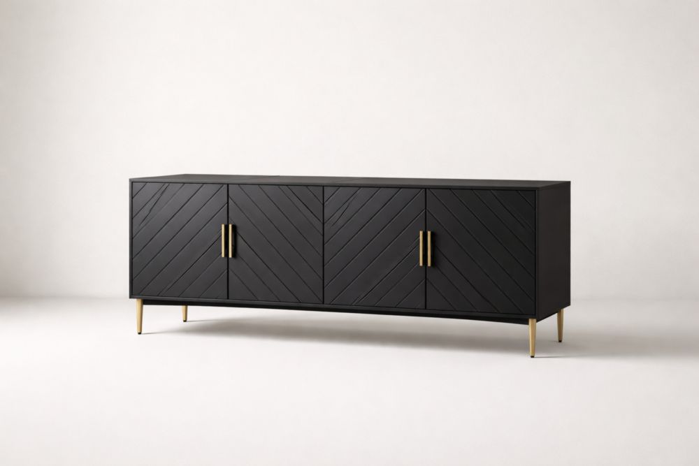 Black Wooden TV Stand with Gold Metal Legs and Handles
