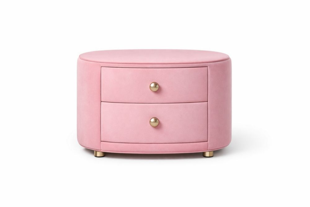 Pink Velvet Oval Nightstand with Two Drawers and Gold Handles
