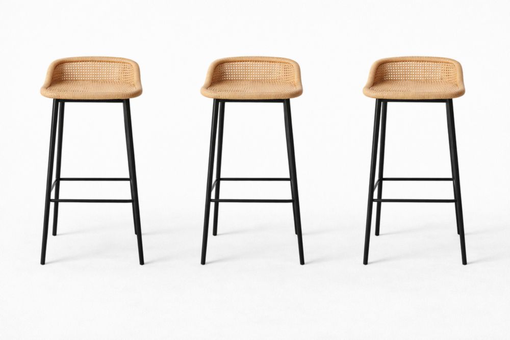 Set of 3 Rattan Bar Stools with Black Steel Legs