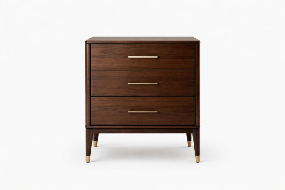 Walnut Wood 3-Drawer Dresser with Brass Accents