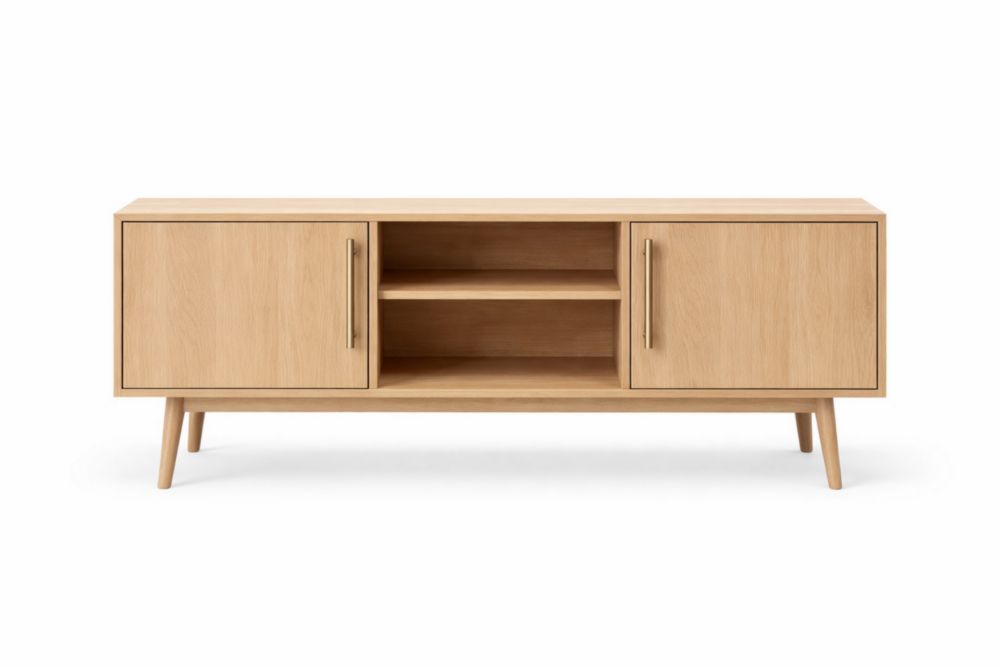 Oak Veneer TV Stand with Two Doors and Shelves