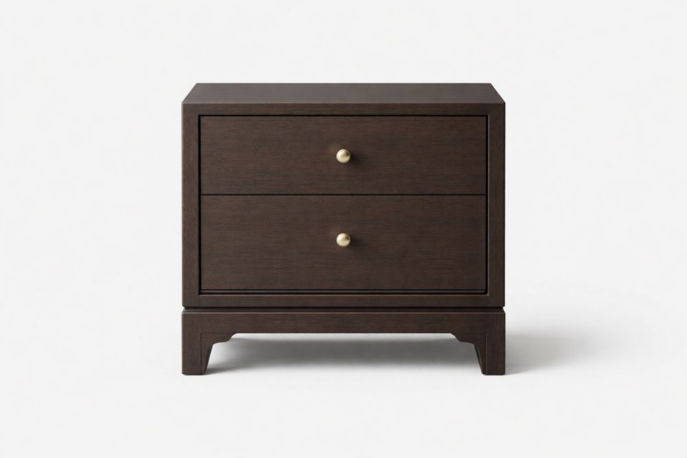 Dark Wood Two-Drawer Nightstand with Brass Knobs