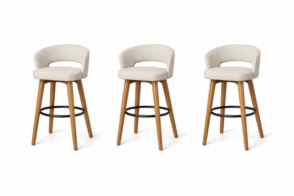 Set of 3 Beige Fabric Upholstered Bar Stools with Wood Legs and Metal Footrest