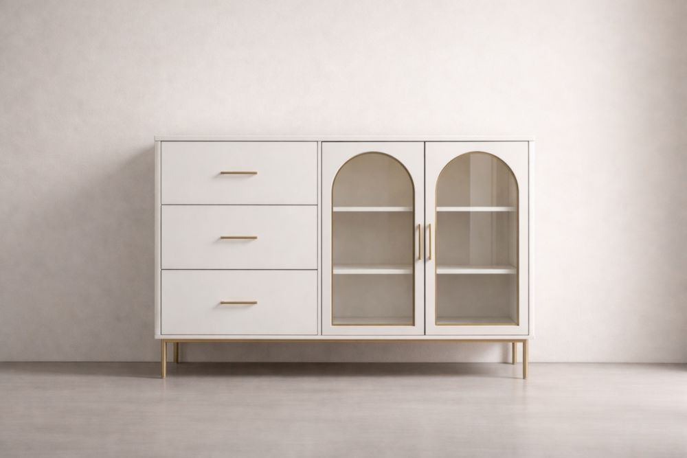 White MDF and Tempered Glass Storage Cabinet with Drawers and Arched Doors
