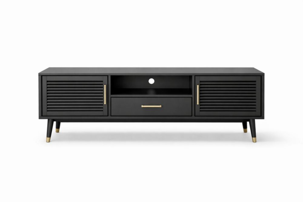 Black MDF TV Stand with Louvered Doors and Drawer 150cm