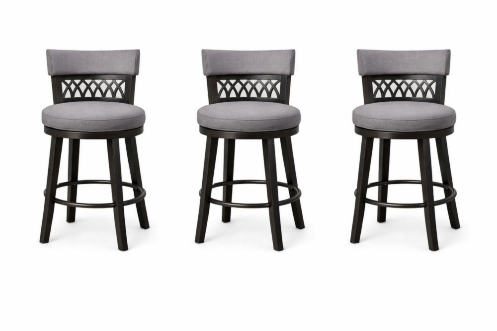Set of 3 Gray Fabric Swivel Bar Stools with Wooden Legs and Metal Backrest