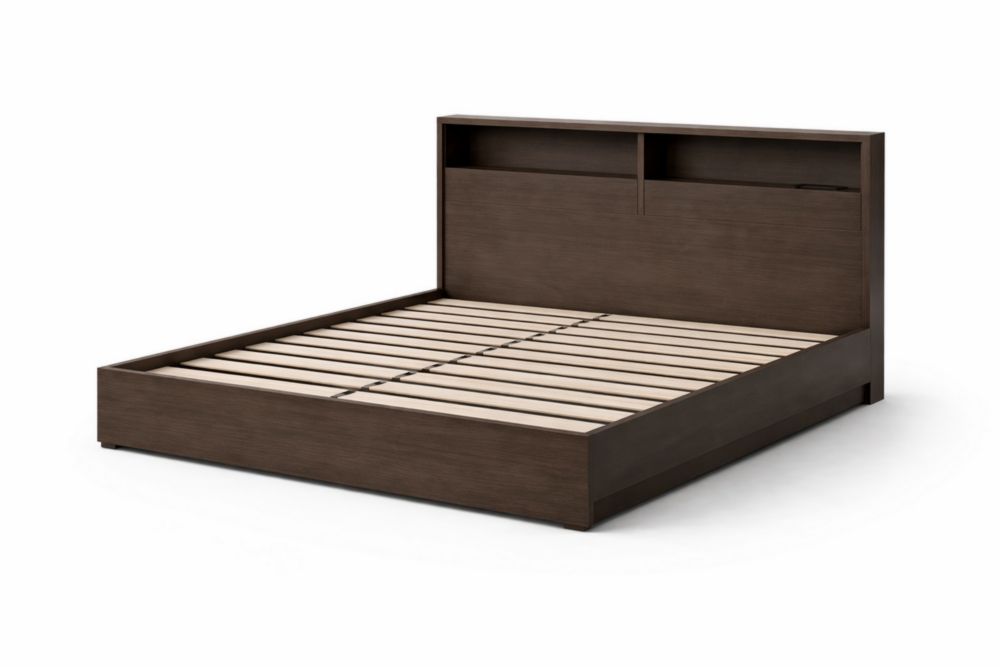 Brown Wooden Platform Bed with Storage Headboard