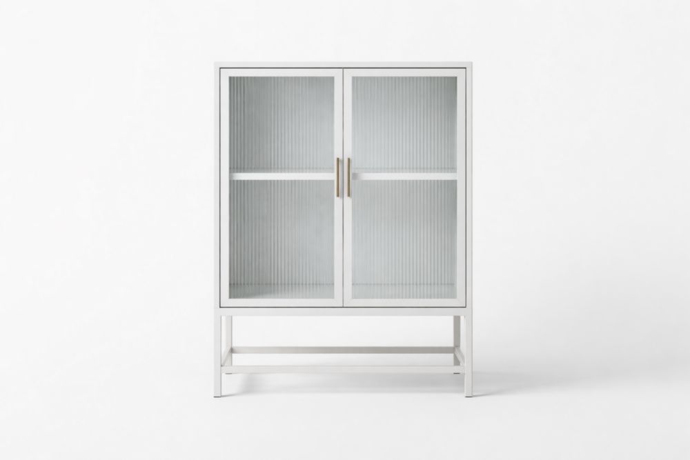 White Metal Cabinet with Fluted Glass Doors and Shelves