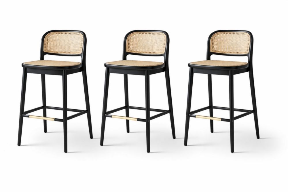 Set of 3 Black Wood Bar Stools with Rattan Backrest and Seat