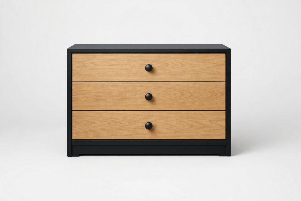 Wood and Black 3-Drawer Dresser Solid MDF and Veneer 70cm x 40cm x 75cm