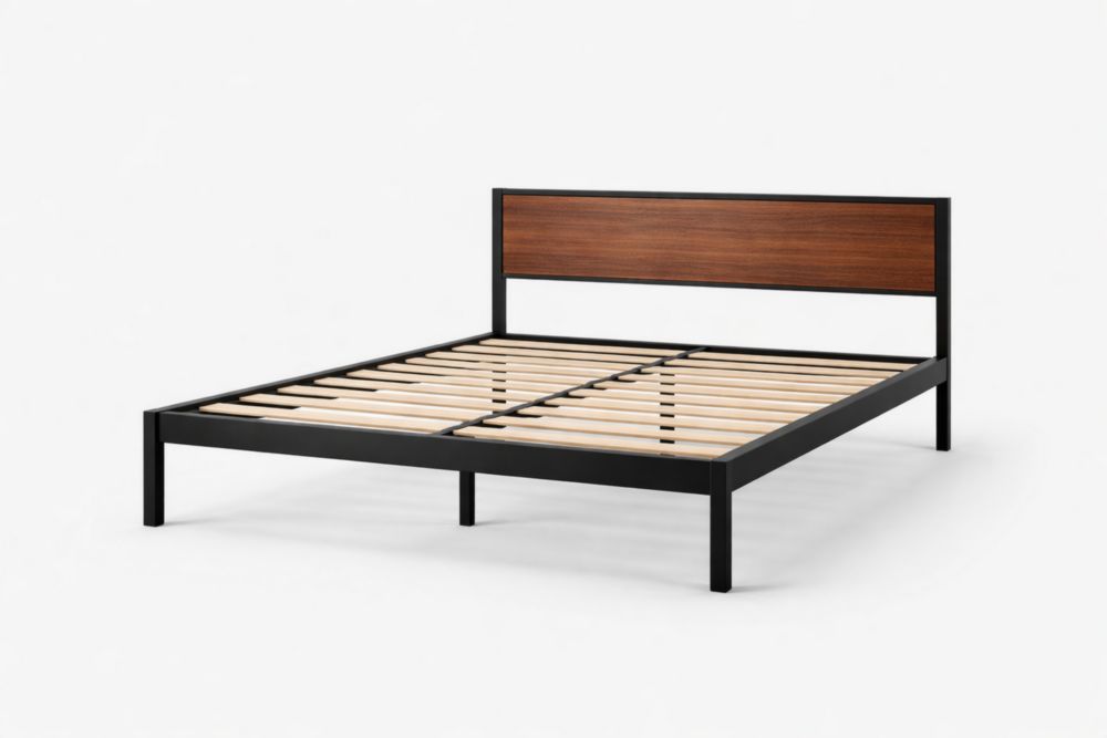 Metal and Wooden Platform Bed Frame Black/Brown