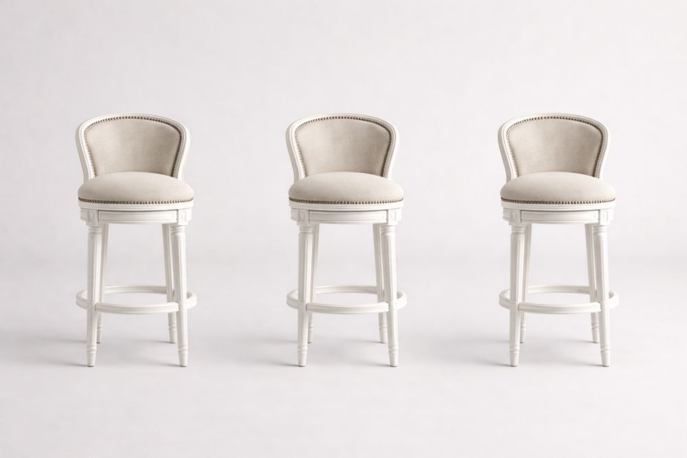 Set of 3 Off-White Wood and Polyester Swivel Bar Stools