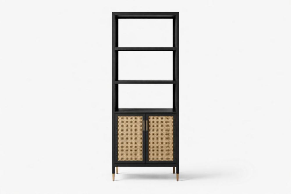 Black and Rattan Tall Bookshelf with Cabinet and Shelves