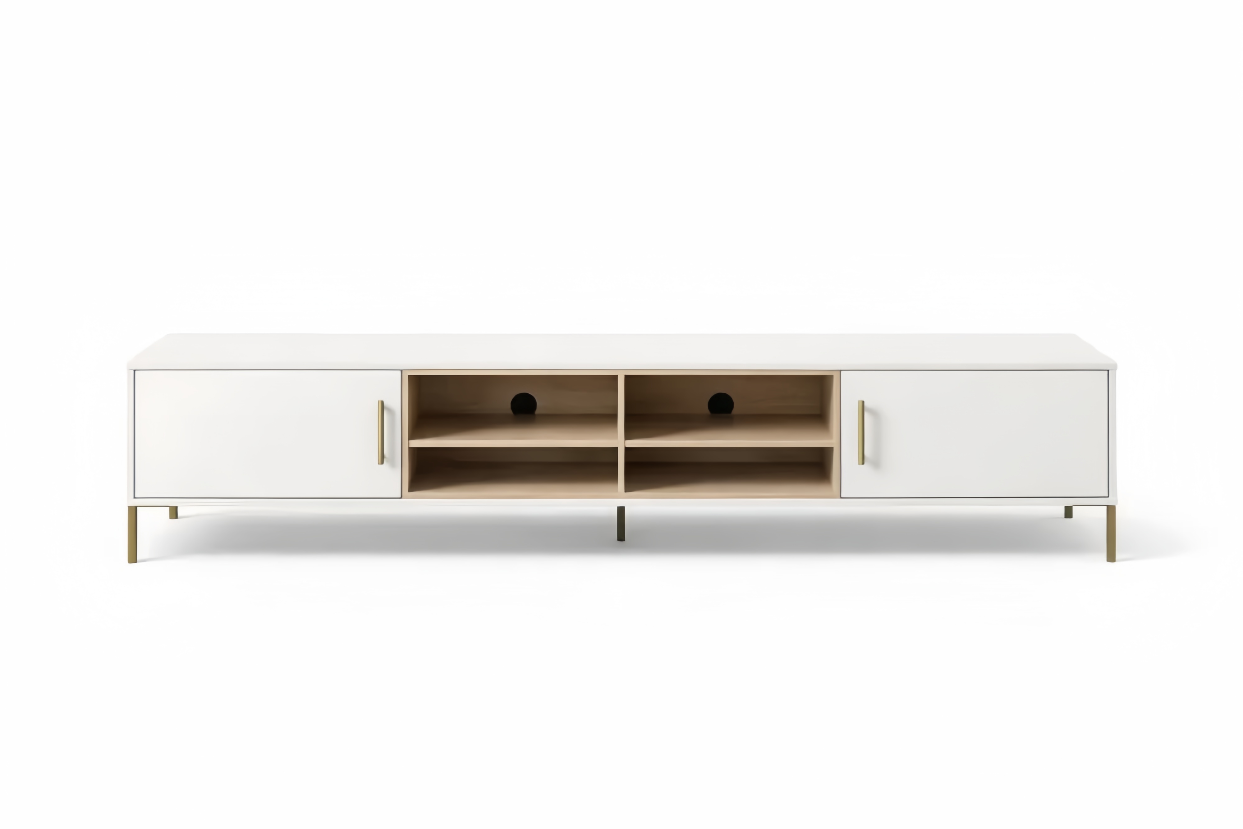 White MDF TV Stand with Storage Shelves and Metal Legs